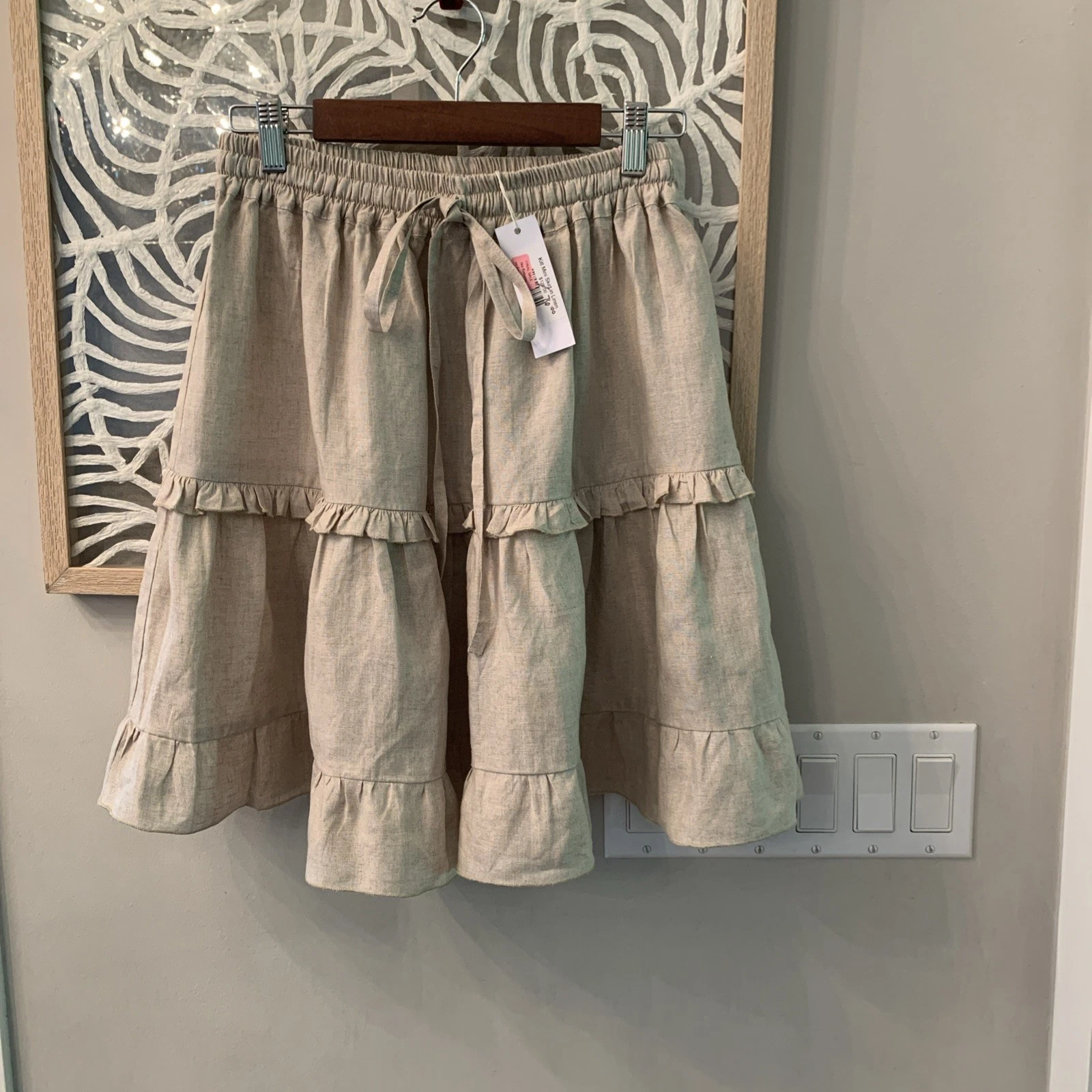 NWT Sea Lustre Mini Skirt Linen Elastic Waistband Two Tiered Ivory Size L-XL