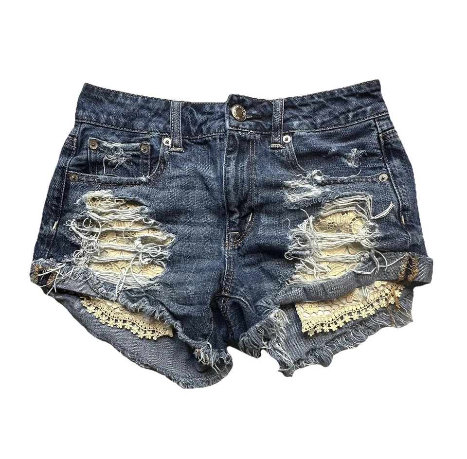 Pantalones Cortos American Eagle Para Mujer 2 Azul Tiro Alto Festival Enveje Enveje Enveje Envejecido Jean Foto 2 de 4