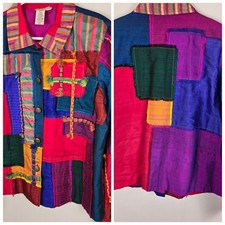 Vintage Coldwater Creek Jacket Sz Large Vibrant Patchwork Silk Boho Cottage Art