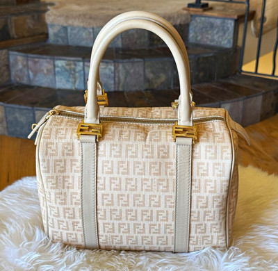 Fendi Beige Monogram Medium Satchel Zip Top Double Handles Gold Hardware Lock