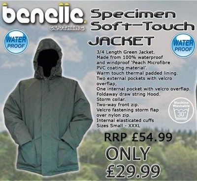 Benelle Specimen Soft-Touch Waterproof Fishing Jacket (or Dog Walking etc)