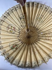 Vintage Japanese Hand Painted Floral Parasol Umbrella Rice Paper  Bamboo 26"