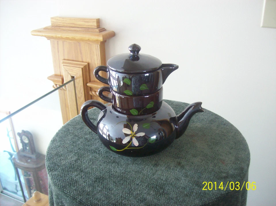  Teapot Vtg Stackable Floral Blue & Cream Brown Pottery Ceramic Made In Japan  - Image 3 of 4