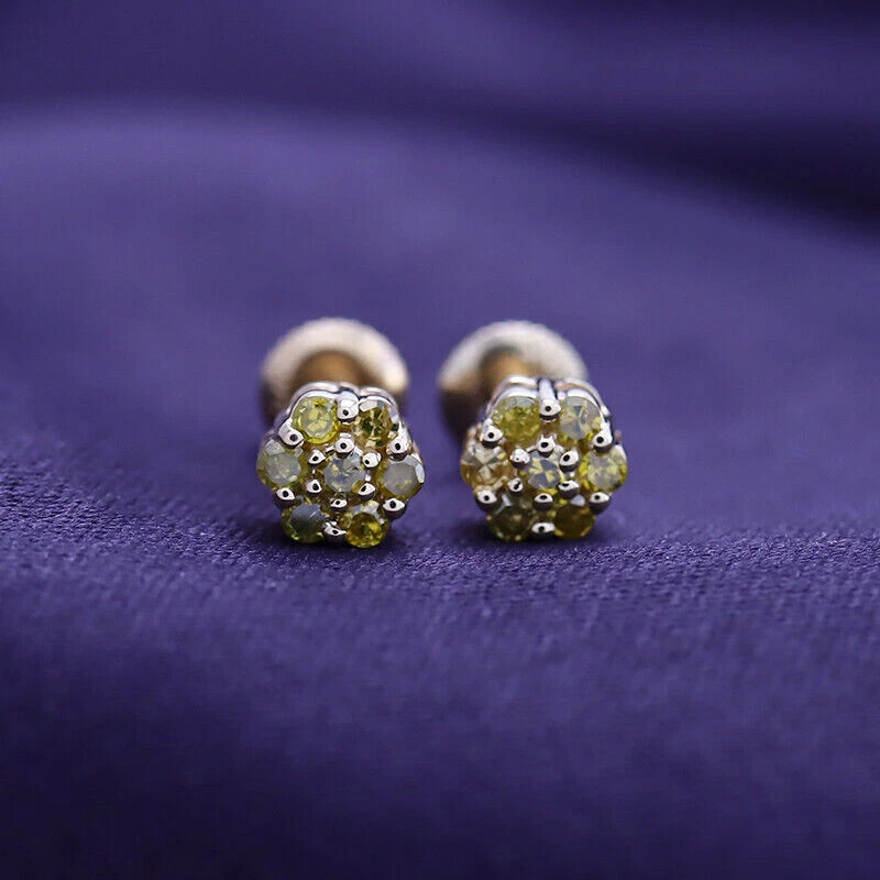 Aretes con racimo de flores de diamantes canarios de 1/4 quilate de oro amarillo de 10 quilates para mujer/hombre Foto 3 de 4