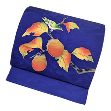 NAGOYA OBI Japanese Kimono Silk Obi/Persimmon Bird /Blue/Fruits/Autumn