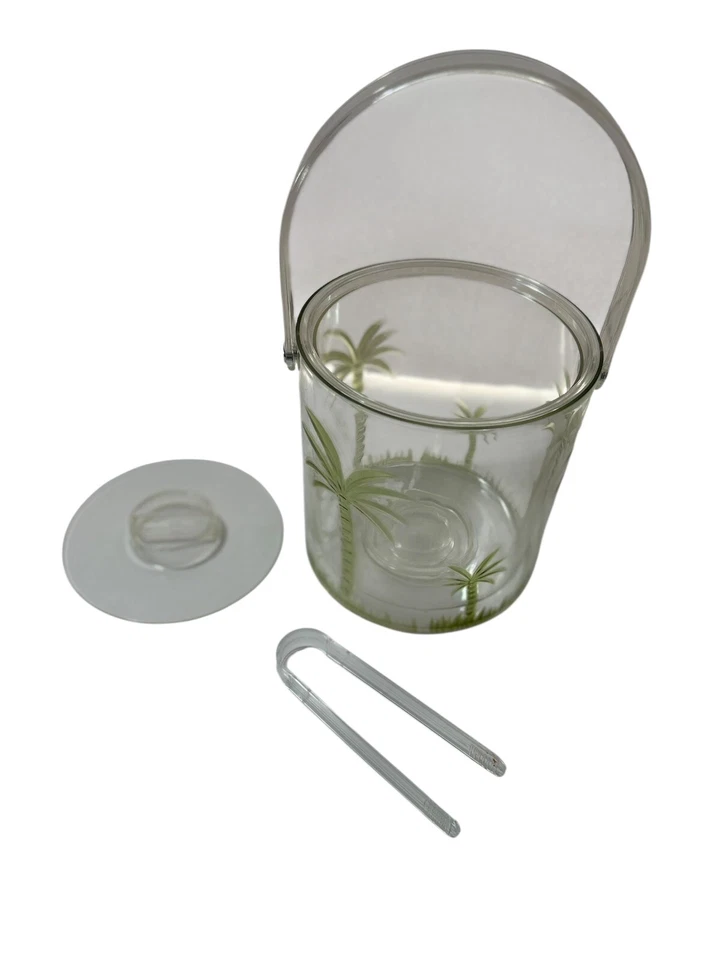 Cubo de hielo acrílico grabado vintage MCM palmera tiki bar patio con tapa y pinzas Foto 2 de 4