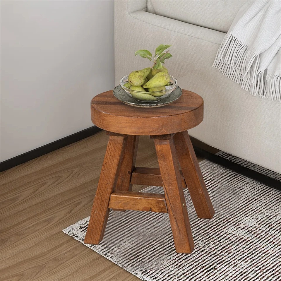 Greenage Small Rustic Old Pine Wooden Stool Round Side Table Bedside Table 18" H - Image 2 of 4