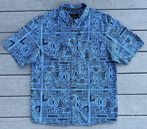 Kavu Button Up Hemd Herren XL All Over Print Spiele Sport Hufeisen Wandern