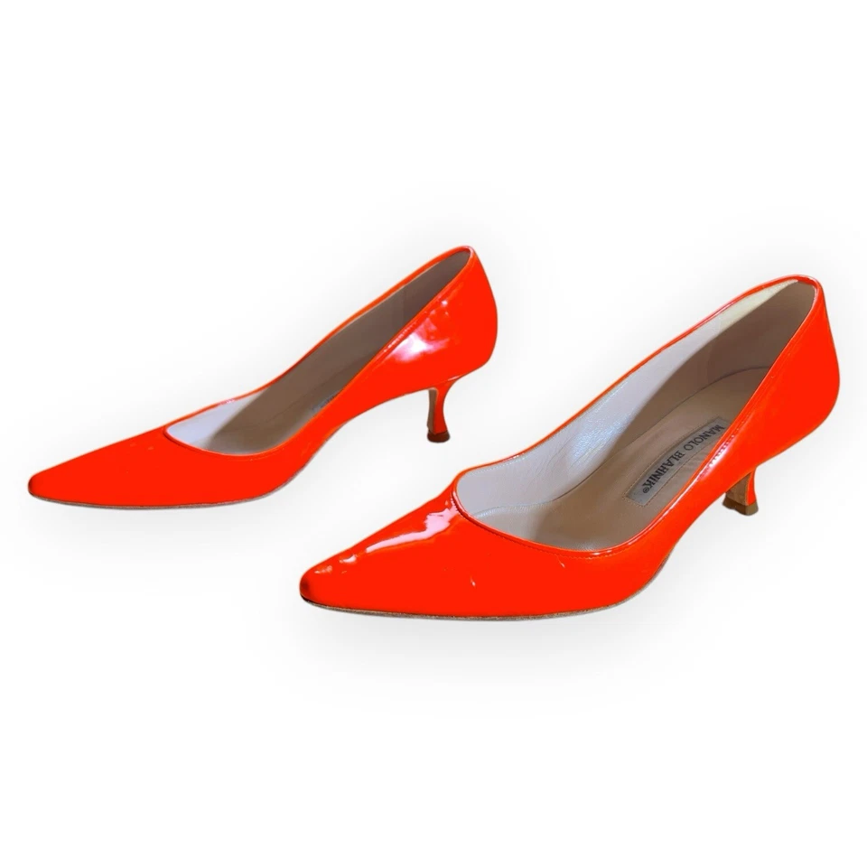 Zapatos de salón Manolo Blahnik charol naranja neón tacón de gatito para mujer - talla IT 37,5 Foto 4 de 4