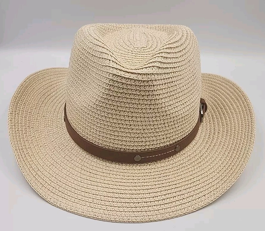 HAT STRAW HAT WITH LEATHER TRIMS Sayulita Tan Straw Rancher Hat with Faux Leather Trim  main image 4