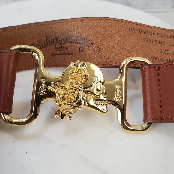 Christian Audigier Small Brown Leather Belt Skulls Roses Gold Halloween 90s Rare Rose Skull and Dagger Interchangeable Belt Buckle Heavy Made  main image 4