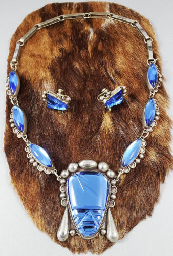 VTG Taxco Mexico Sterling Silver Cobalt Blue Carved Mask Necklace & Earrings Set - Picture 3 of 7