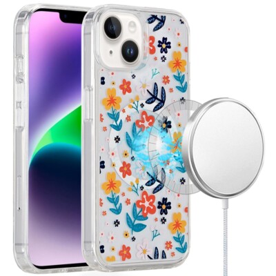 For iPhone 13/14 Case Magnetic Circle Printed UV Design Cover + Tempered Glass