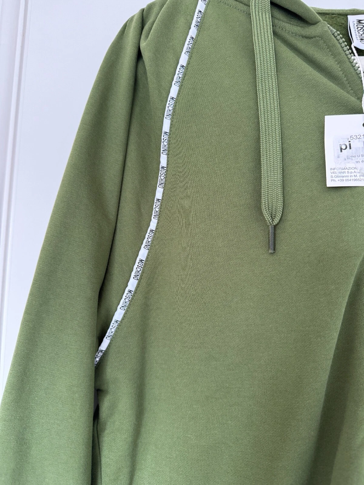 Felpa con cappuccio e zip Moschino intimo uomo verde kaki nuova con etichette taglia large prezzo consigliato £105