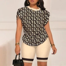 Summer Casual 2 Piece Set Women Letter Printed Two Piece Outfit Short Sleeve
