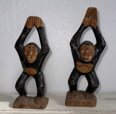 Wooden Brown Monkeys Figurine Carved Hand Painted VTG LT Weight FREEZE HANDS UP