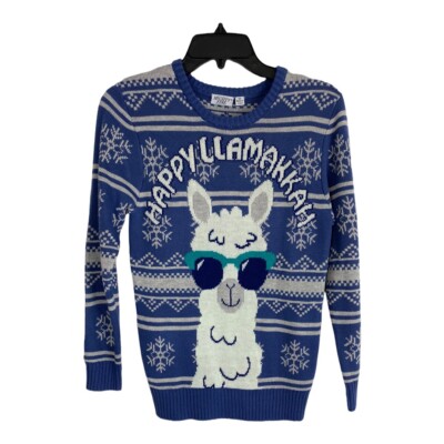 Happy Llamakkah Womens Sweater Blue Long Sleeve Christmas Teal XL, L, XS NEW