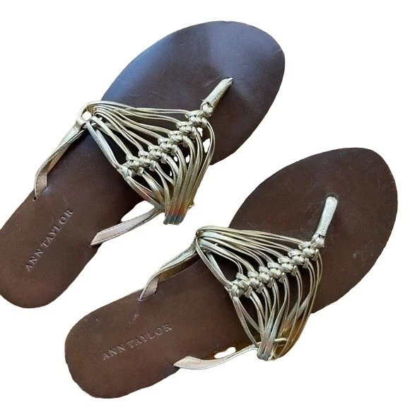 Ann Taylor Sandals Leather Flats Slip On Flip Flops Golden Summer