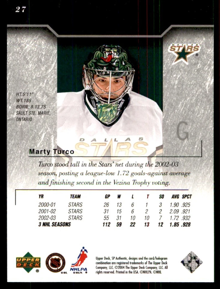 2003-04 SP Authentic Marty Turco Dallas Stars #27 - Image 2 of 2