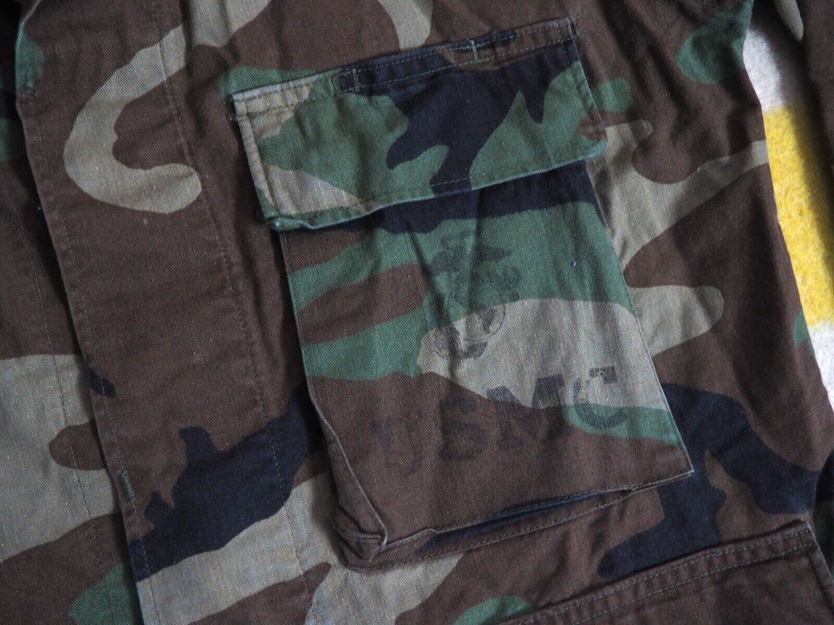VTG 80s US Military BDU USMC Stencil Marines Woodland Camo Button 