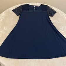 Loft Womens Navy Blue Round Neck Lace Short Sleeve Shift Dress Size Small