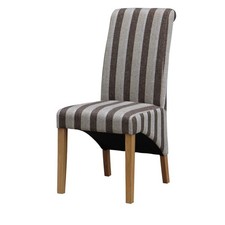 Image of FABRIC DINING CHAIR x 2 KINGSLAND SOLID WOOD LEGS BROWN & GREY STRIPE CHAIRS