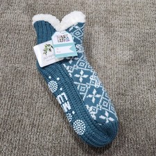 MUK LUKS Blue White Knit Sherpa-Lined Slipper Socks New With Tags