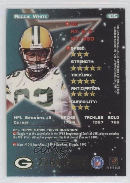1998 Topps Stars Silver /3999 Reggie White #105 HOF - Image 2 of 2