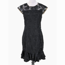 H Halston Dress Womens 8 Black Mesh Embroidered Side Zip Lined Ruffle Hem Party