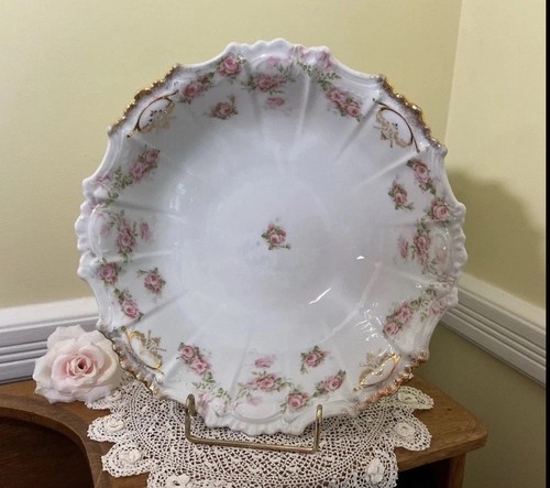 Antique Steinmann German Porcelain Serving Bowl 10" Pink Roses Gold Trim 1910s