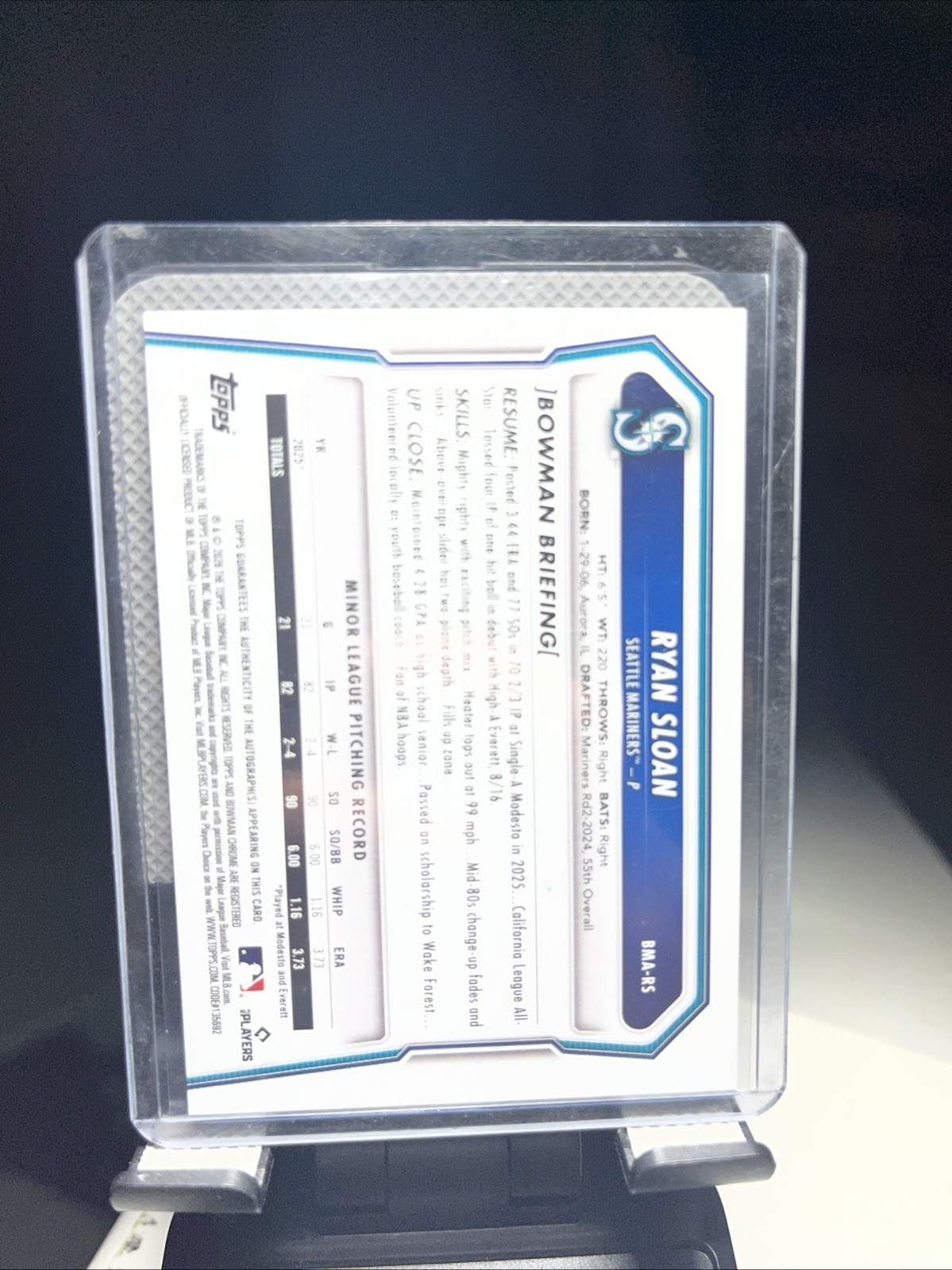 2026 Bowman Chrome -RYAN SLOAN Mojo Refractor ON-CARD AUTO Mariners (RC) #BMA-RS view 2