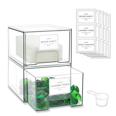 2 Pack Laundry Room Organization Storage Drawers with Labels, Clear Stackable...
