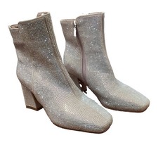 Women s Silver Rhinestone Ankle Bootie Square Toe Zip, Synthetic, 7.5