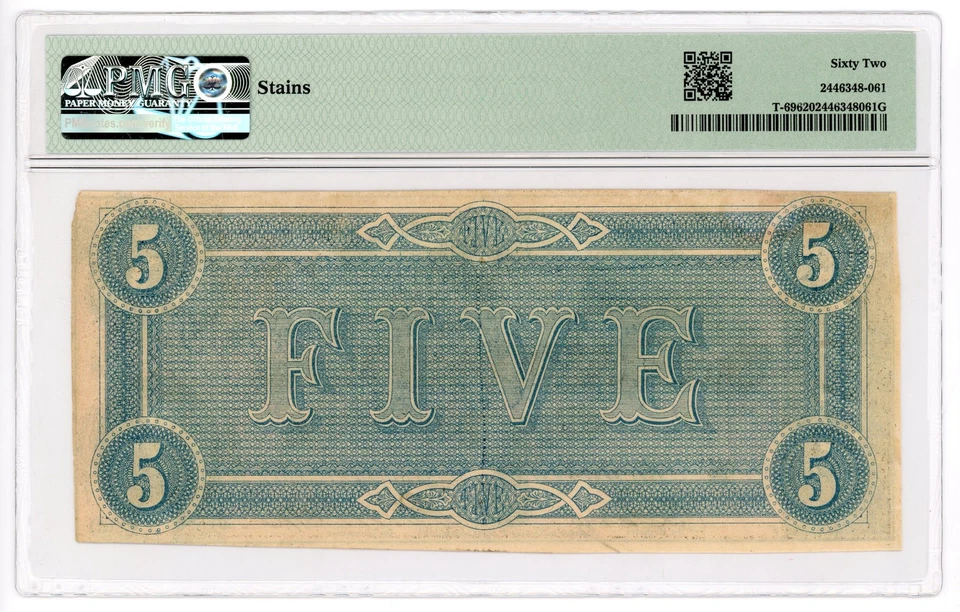 1864 T-69 $5 The Confederate States of America Note - CIVIL WAR Era PMG UNC 62 - Image 2 of 2