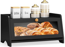 Wooden Farmhouse Bread Box for Kitchen Countertop Large with Window Black Bamboo