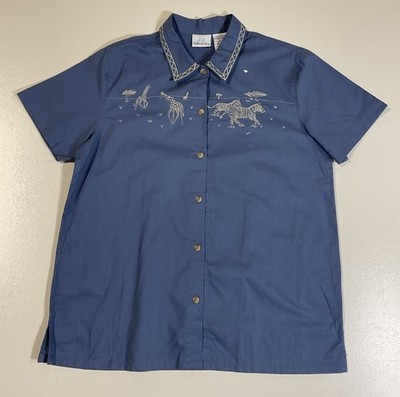 Vintage Bobbie Brooks Embroidered Safari Shirt Sz M Jungle Animals Y2K