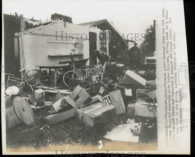 #ad 1966 Press Photo Holyoke Massachusetts firemen probe garage after tornado $24.99