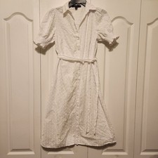 Tommy Hilfiger Women's White Puffed Sleeve Eyelet Midi Dress S Preppy Coastal