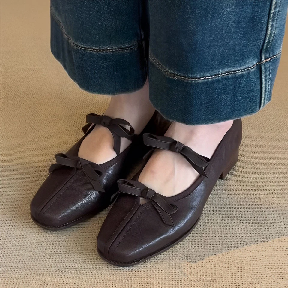 Ретро французский стиль женщин кожаный банта Мэри Джейн низкий блок каблук плоскостях туфли SZ - Изображение 2 из 4