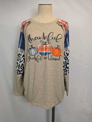Thankful Grateful Blessed Pumpkin Plaid Leopard Long Sleeve Women's Top L