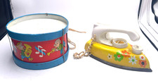 LOT 2 VINTAGE TIN LITHO OHIO ART CO DRUM 70s FLORAL PATTERN IRON TOY USA MADE