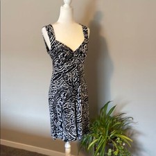 Loft Jersey Patterned Women's Dress SZ 6 navy/white eye cat sweetheart neck EUC
