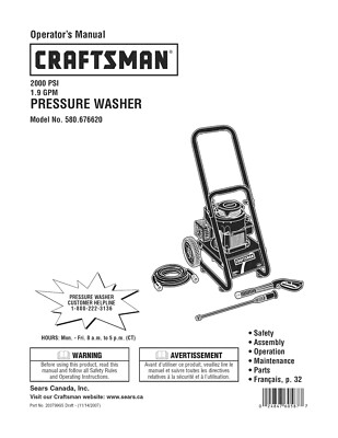 #ad Owners Manual amp; Parts List Craftsman 2000 PSI Pressure Washer Model 580.676620 $19.95