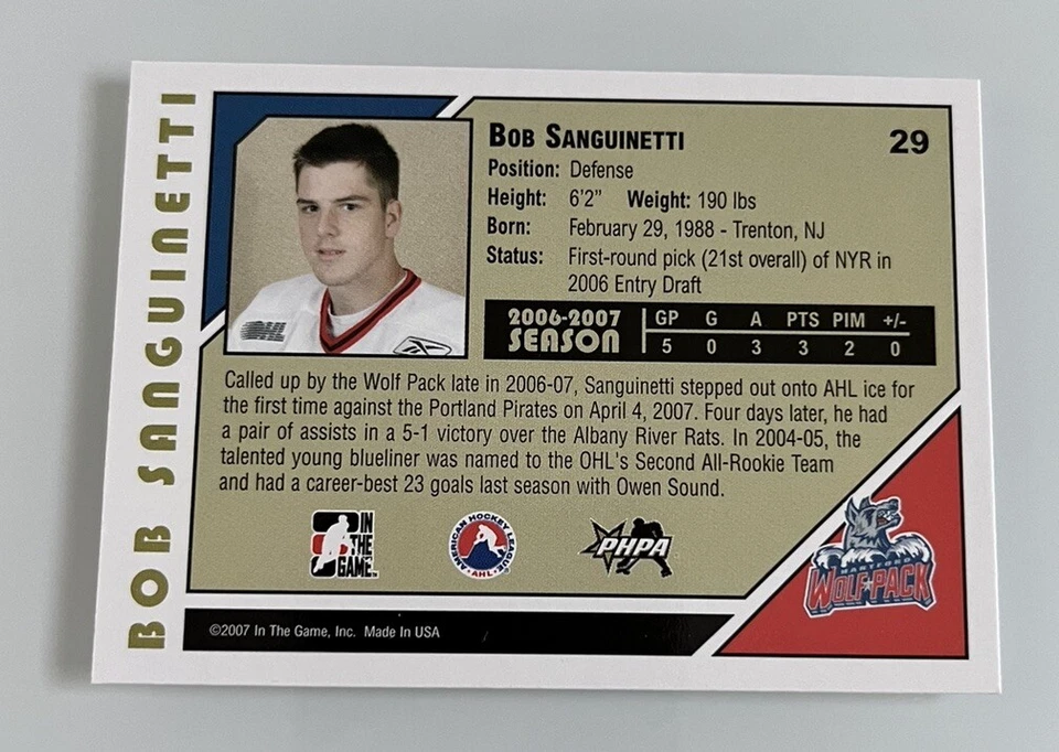 2007-08 ITG Heroes and Prospects Bobby Sanguinetti Bob Sanguinetti #29 Wolfpack - Image 2 of 2