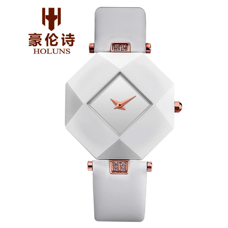 HOLUNS Octagon Crystal Ceramic Women Quartz Wrist Watch Genuine Leather  Strap