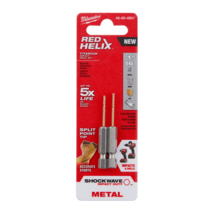Milwaukee 48-89-4601 SHOCKWAVE RED HELIX 1/16" Titanium Drill Bits, 2-Pack