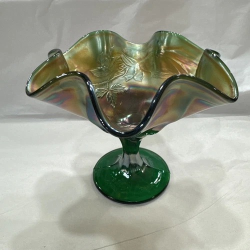 Antique Compote Dish Spray Green Carnival Glass Wreath of Roses