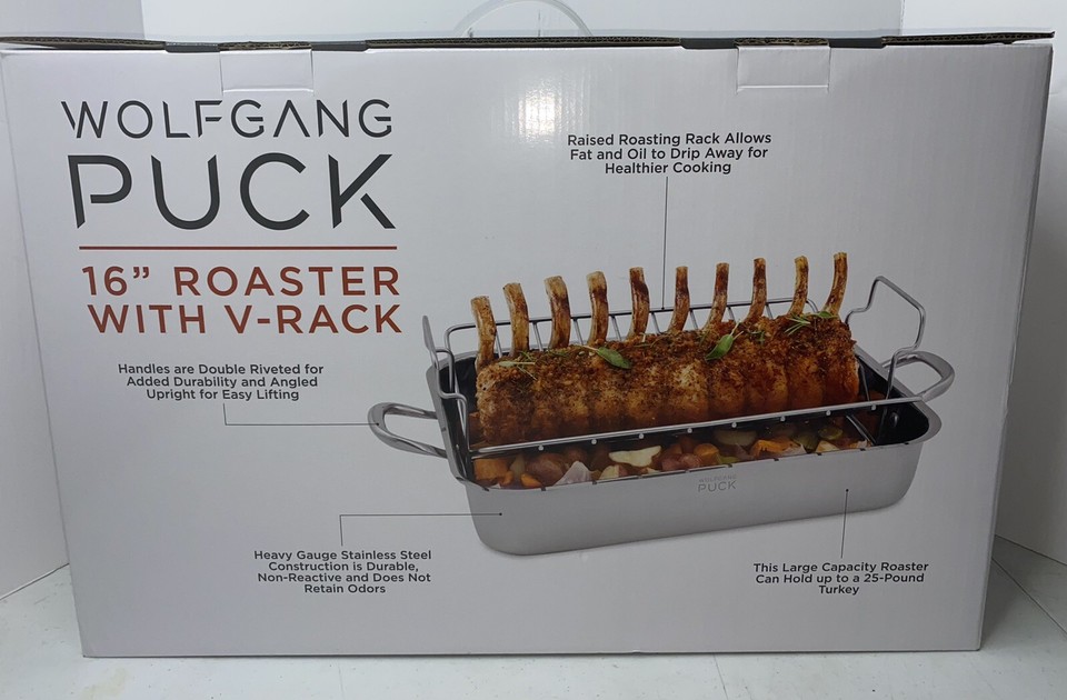 Wolfgang Puck 16” Roaster W/VRack Handles NEW NIB Stainless Steel