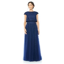 Tadashi Shoji Embroidered Tulle Crop Top Full Skirt Gown, Navy, 4
