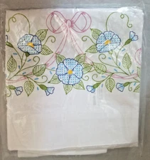 White Cloud "Floral" Pillow Case Pair Stamped Linen Size 20" x 30" 